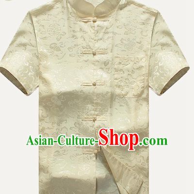 Traditional Chinese Tang Suit Beige Silk Shirt Tai Chi Training Costumes for Old Men