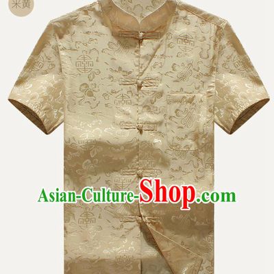 Traditional Chinese Tang Suit Golden Silk Shirt Tai Chi Training Costumes for Old Men