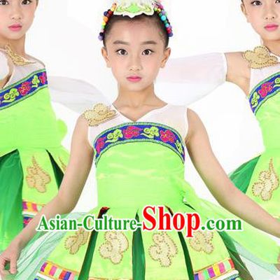 Traditional Chinese Child Mongol Nationality Green Dress Ethnic Minority Folk Dance Costume for Kids