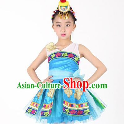 Traditional Chinese Child Mongol Nationality Blue Dress Ethnic Minority Folk Dance Costume for Kids