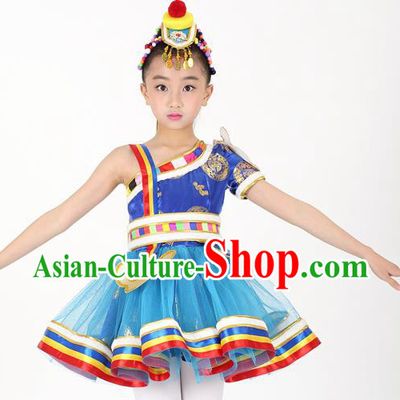 Traditional Chinese Child Zang Nationality Blue Short Dress Ethnic Minority Folk Dance Costume for Kids