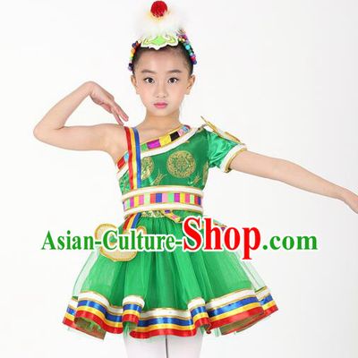Traditional Chinese Child Zang Nationality Green Short Dress Ethnic Minority Folk Dance Costume for Kids