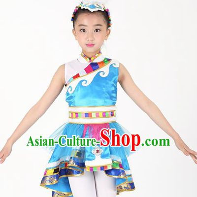 Traditional Chinese Child Zang Nationality Blue Veil Short Dress Ethnic Minority Folk Dance Costume for Kids