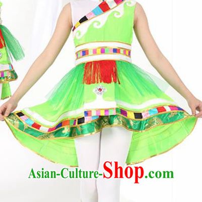 Traditional Chinese Child Zang Nationality Green Veil Short Dress Ethnic Minority Folk Dance Costume for Kids