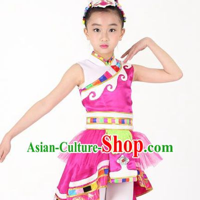 Traditional Chinese Child Zang Nationality Rosy Veil Short Dress Ethnic Minority Folk Dance Costume for Kids