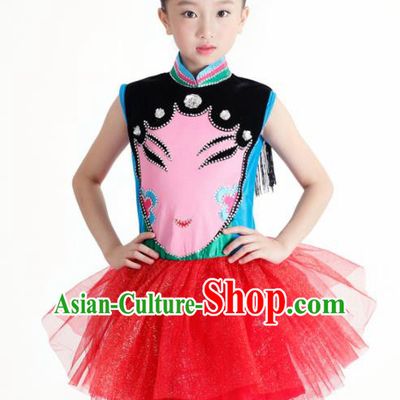 Traditional Chinese Children Classical Dance Red Veil Dress Stage Show Costume for Kids