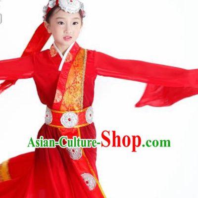 Traditional Chinese Child Zang Nationality Red Water Sleeve Dress Ethnic Minority Folk Dance Costume for Kids