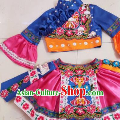 Traditional Chinese Child Yi Nationality Royalblue Short Skirt Ethnic Minority Folk Dance Costume for Kids