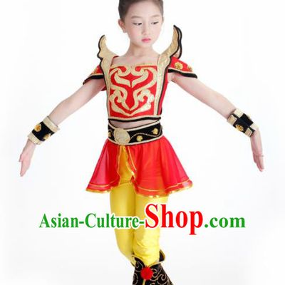 Traditional Chinese Children Classical Dance Hua Mulan Red Dress Stage Show Costume for Kids