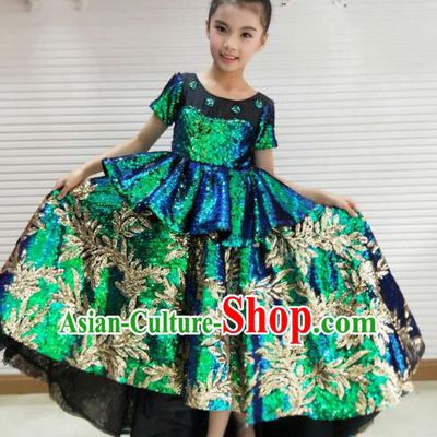 Traditional Chinese Children Opening Dance Green Dress Stage Show Costume for Kids
