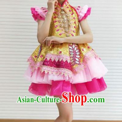 Traditional Chinese Children Opening Dance Pink Short Dress Stage Show Costume for Kids