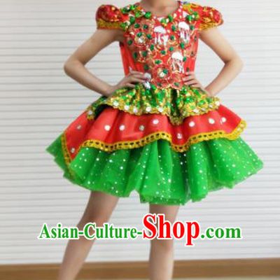 Traditional Chinese Children Opening Dance Green Short Dress Stage Show Costume for Kids