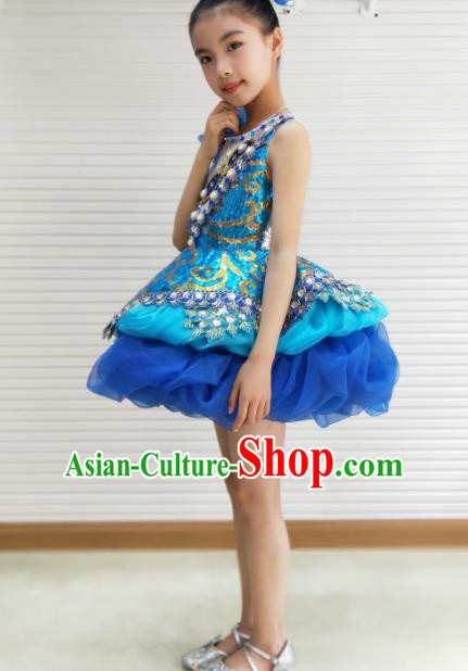 Traditional Chinese Children Opening Dance Royalblue Short Dress Stage Show Costume for Kids