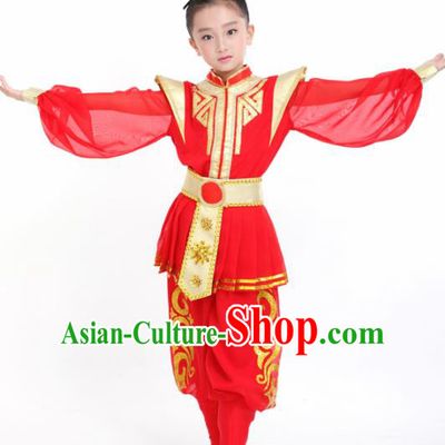 Traditional Chinese Children Classical Dance Hua Mulan Red Clothing Stage Show Costume for Kids