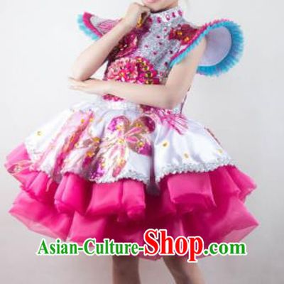 Traditional Chinese Children Classical Dance Rosy Short Dress Stage Show Costume for Kids