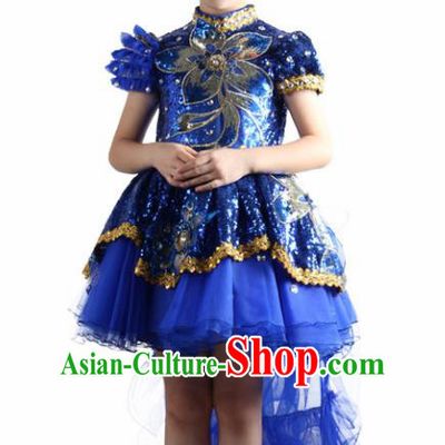 Traditional Chinese Children Classical Dance Royalblue Veil Trailing Dress Stage Show Costume for Kids