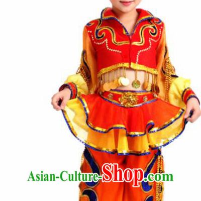 Traditional Chinese Child Mongol Nationality Red Skirt Ethnic Minority Folk Dance Costume for Kids