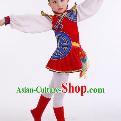 Traditional Chinese Child Mongol Nationality Red Dress Ethnic Minority Folk Dance Costume for Kids