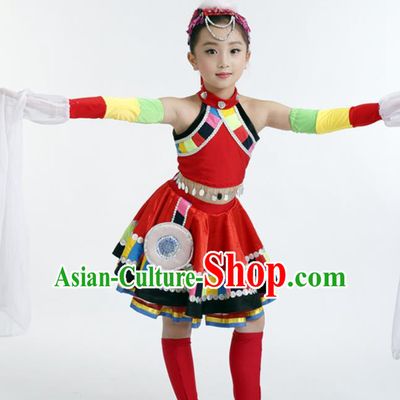 Traditional Chinese Child Zang Nationality Red Dress Ethnic Minority Folk Dance Costume for Kids