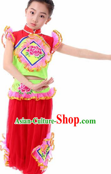 Traditional Chinese Folk Dance Fan Dance Red Clothing Yangko Dance Stage Show Costume for Kids