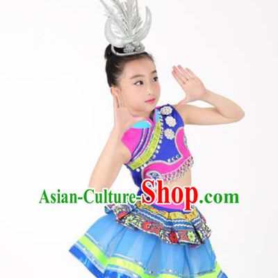 Traditional Chinese Child Yao Nationality Blue Skirt Ethnic Minority Folk Dance Costume for Kids