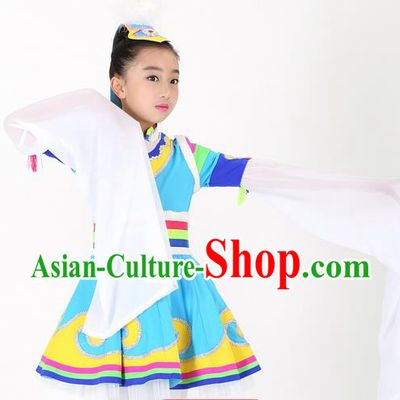 Traditional Chinese Child Zang Nationality Blue Skirt Ethnic Minority Folk Dance Costume for Kids
