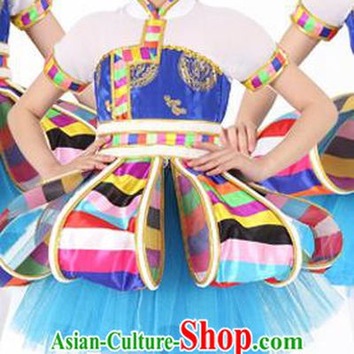 Traditional Chinese Child Tibetan Nationality Blue Dress Ethnic Minority Folk Dance Costume for Kids