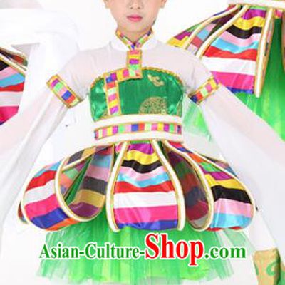 Traditional Chinese Child Tibetan Nationality Green Dress Ethnic Minority Folk Dance Costume for Kids