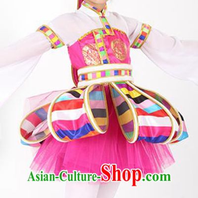 Traditional Chinese Child Tibetan Nationality Rosy Dress Ethnic Minority Folk Dance Costume for Kids