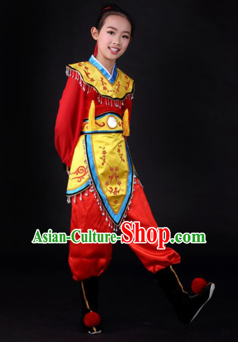 Traditional Chinese Children Classical Dance Hua Mulan Red Clothing Stage Show Costume for Kids Traditional Chinese Children Classical Dance Hua Mulan Red Clothing Stage Show Costume for Kids