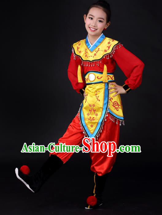 Traditional Chinese Children Classical Dance Hua Mulan Red Clothing Stage Show Costume for Kids Traditional Chinese Children Classical Dance Hua Mulan Red Clothing Stage Show Costume for Kids