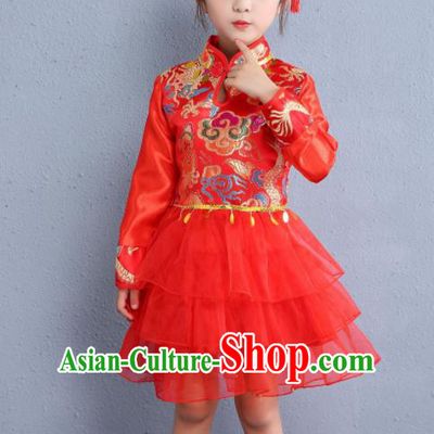 Traditional Chinese Folk Dance Red Veil Dress New Year Fan Dance Yangko Dance Stage Show Costume for Kids