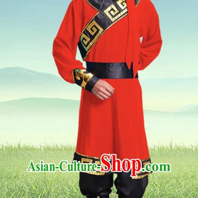 Traditional Chinese Mongol Nationality Red Clothing Ethnic Minority Folk Dance Costume for Men