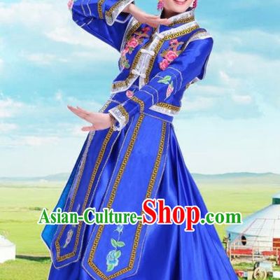 Traditional Chinese Mongol Nationality Royalblue Dress Ethnic Minority Folk Dance Costume for Women