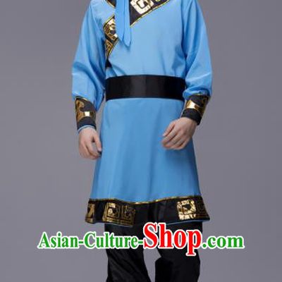 Traditional Chinese Mongol Nationality Blue Clothing Ethnic Minority Folk Dance Costume for Men