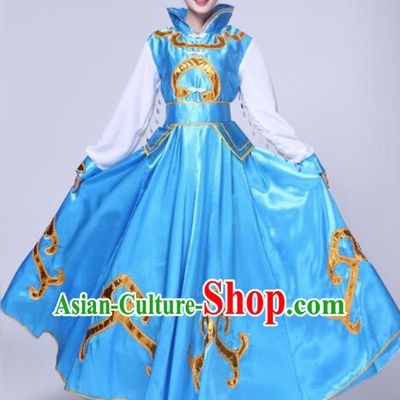 Traditional Chinese Mongol Nationality Princess Blue Dress Ethnic Minority Folk Dance Costume for Women