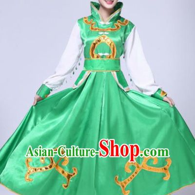 Traditional Chinese Mongol Nationality Princess Green Dress Ethnic Minority Folk Dance Costume for Women