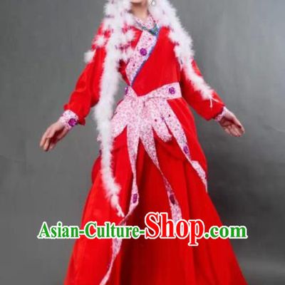 Traditional Chinese Mongol Nationality Princess Red Dress Ethnic Minority Folk Dance Costume for Women
