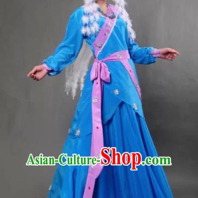 Traditional Chinese Mongol Nationality Princess Blue Dress Ethnic Minority Folk Dance Costume for Women
