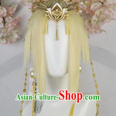 Traditional Chinese Cosplay Female Swordsman Golden Wigs Sheath Ancient Fairy Princess Chignon and Hair Accessories for Women