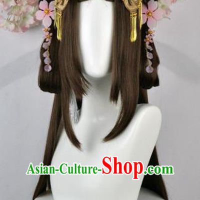 Traditional Chinese Cosplay Goddess Female Swordsman Brown Wigs Sheath Ancient Princess Chignon and Hair Accessories for Women