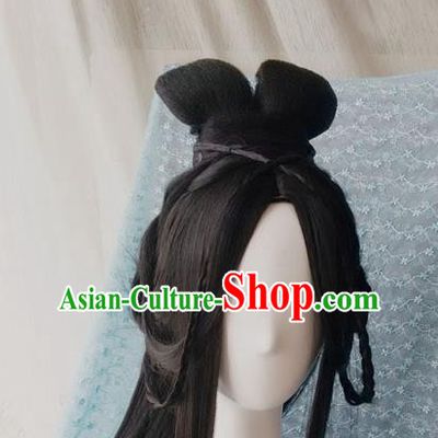 Traditional Chinese Cosplay Princess Feng Jiu Black Long Wigs Sheath Ancient Female Swordsman Chignon for Women
