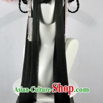 Traditional Chinese Cosplay Swordsman Black Long Wigs Sheath Ancient Goddess Chignon for Women