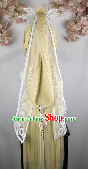 Traditional Chinese Cosplay Swordsman Golden Wigs Sheath and Hair Accessories Ancient Goddess Chignon for Women