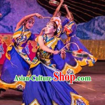 Chinese Happiness On The Way Zang Nationality Dance Purple Dress Stage Performance Costume and Headpiece for Women