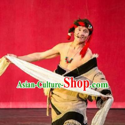 Chinese Happiness On The Way Zang Nationality Khaki Robe Stage Performance Dance Costume for Men