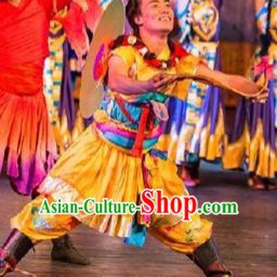 Chinese Happiness On The Way Zang Nationality Yellow Clothing Stage Performance Dance Costume for Men