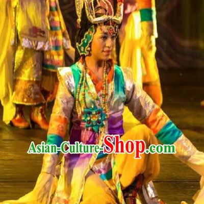 Chinese Happiness On The Way Zang Nationality Dance Yellow Dress Stage Performance Costume and Headpiece for Women