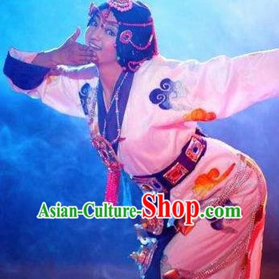 Chinese Happiness On The Way Zang Nationality Dance White Dress Stage Performance Costume and Headpiece for Women