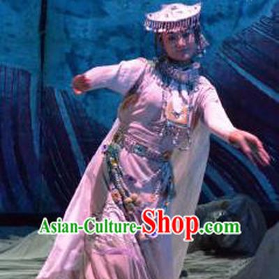 Chinese Happiness On The Way Zang Nationality Bride Dance White Dress Stage Performance Costume and Headpiece for Women